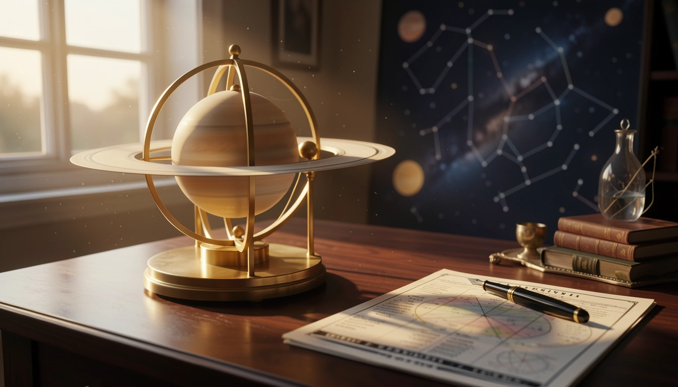 Brass orrery showing Saturn beside an open ephemeris page in warm side-light