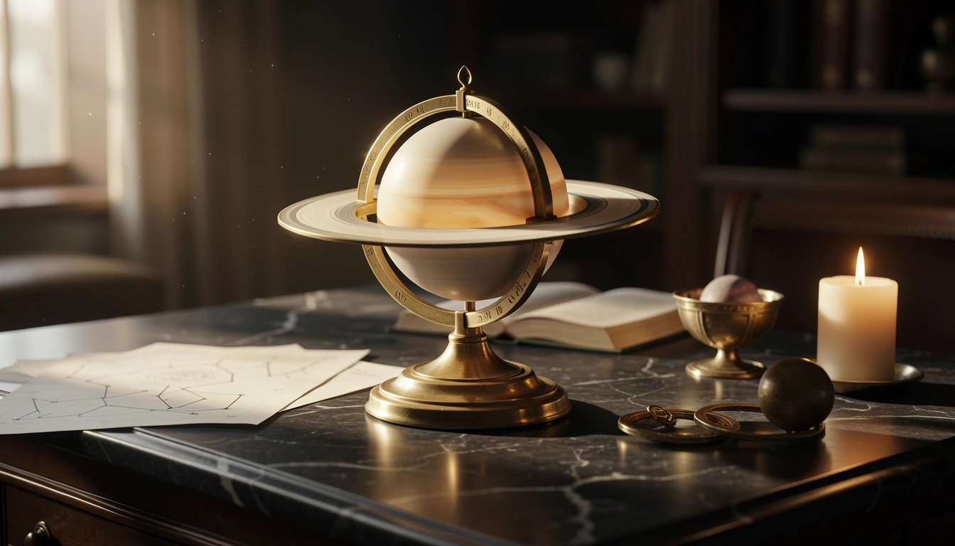 Brass orrery with a ringed Saturn sphere under warm side-light
