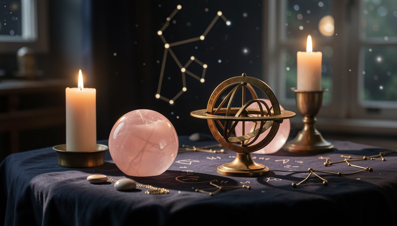 Rose quartz spheres and a brass astrolabe on a candlelit table with dramatic side-lighting