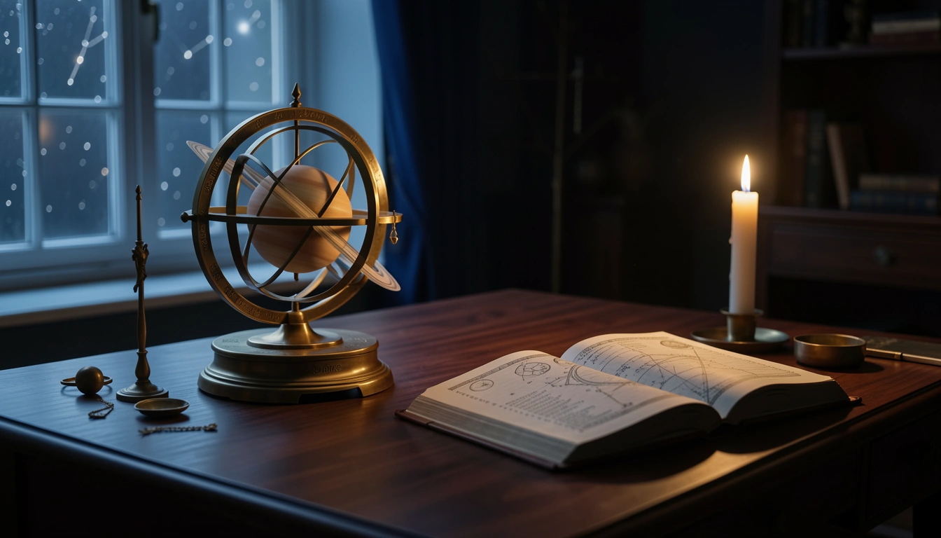 Brass orrery and open almanac lit by candlelight on a dark wooden desk