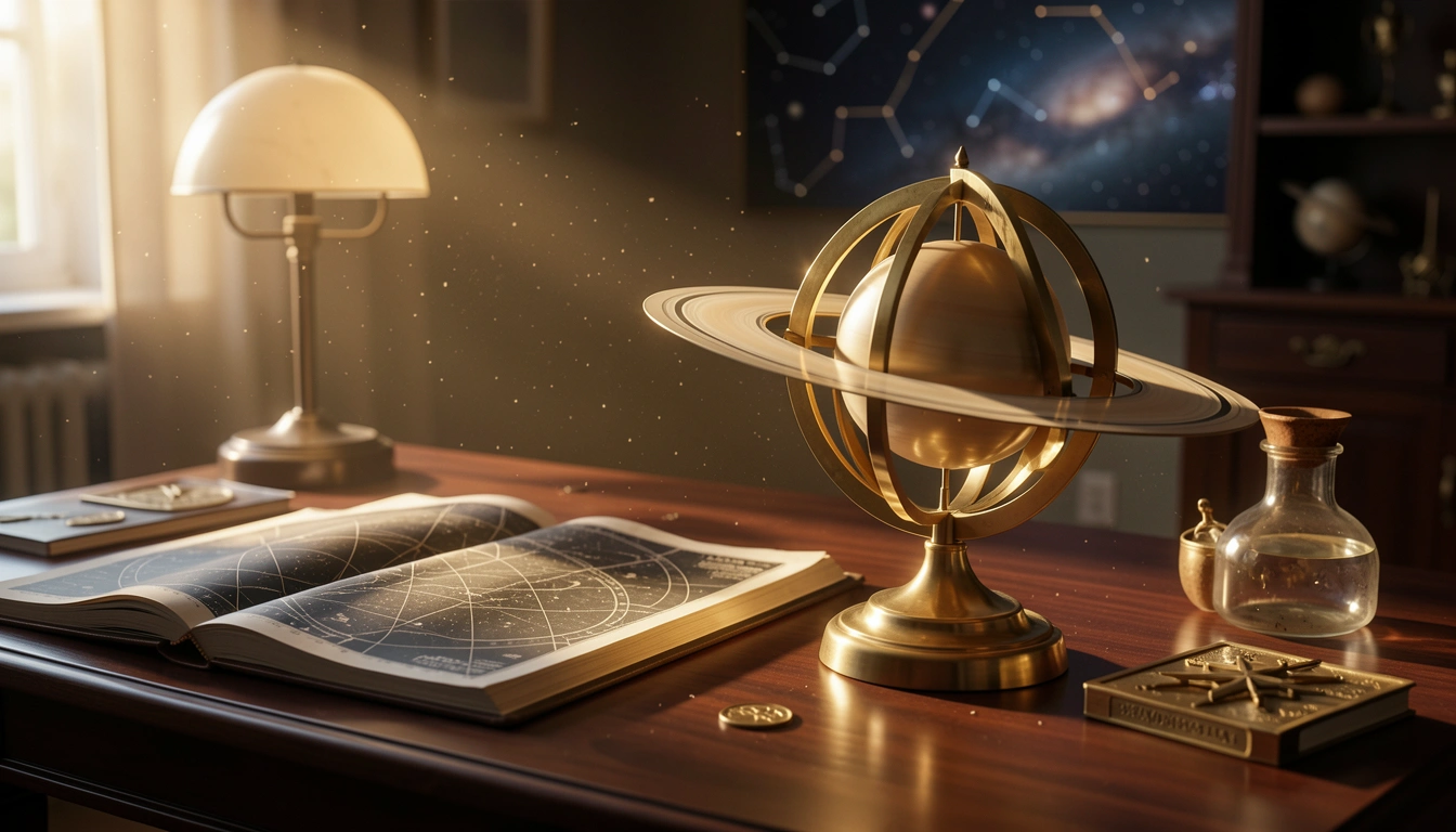 Brass orrery with ringed Saturn beside an open star atlas in golden light