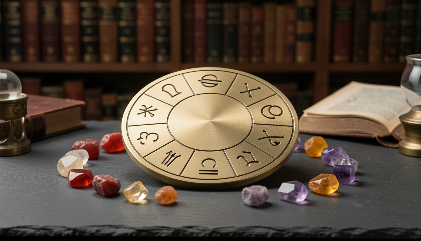Brass zodiac wheel with Saturn glyph and colored gemstones on slate table, bookshelf blurred in background