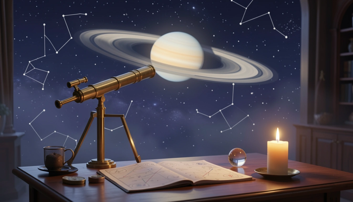 Brass telescope aimed at Saturn in the night sky beside an open astrological chart and candle