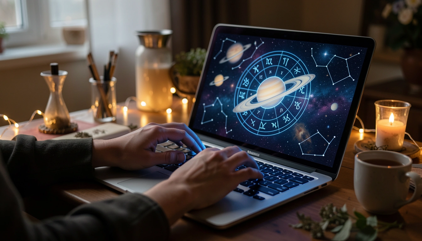 Hands typing on a laptop with Saturn symbol and zodiac wheel on screen, fairy lights and tea nearby