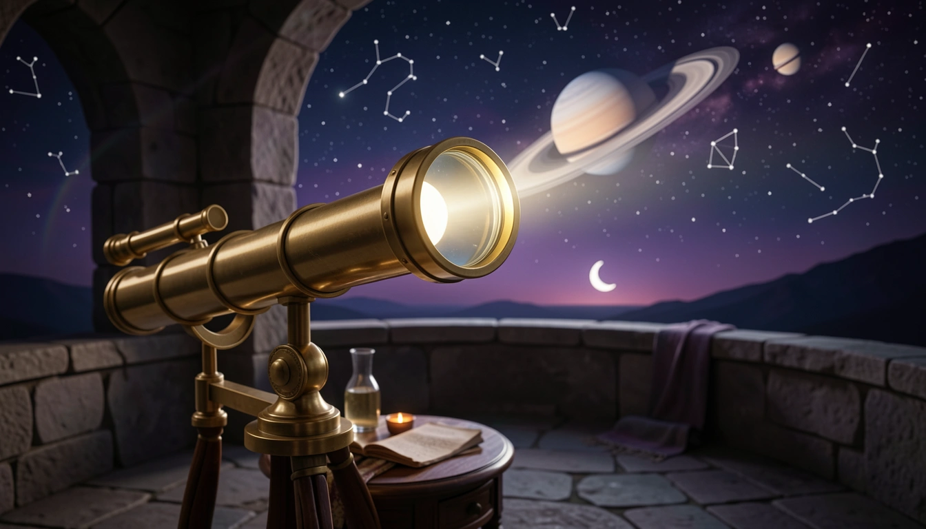 Saturn through a telescope at an observatory under a starry night sky
