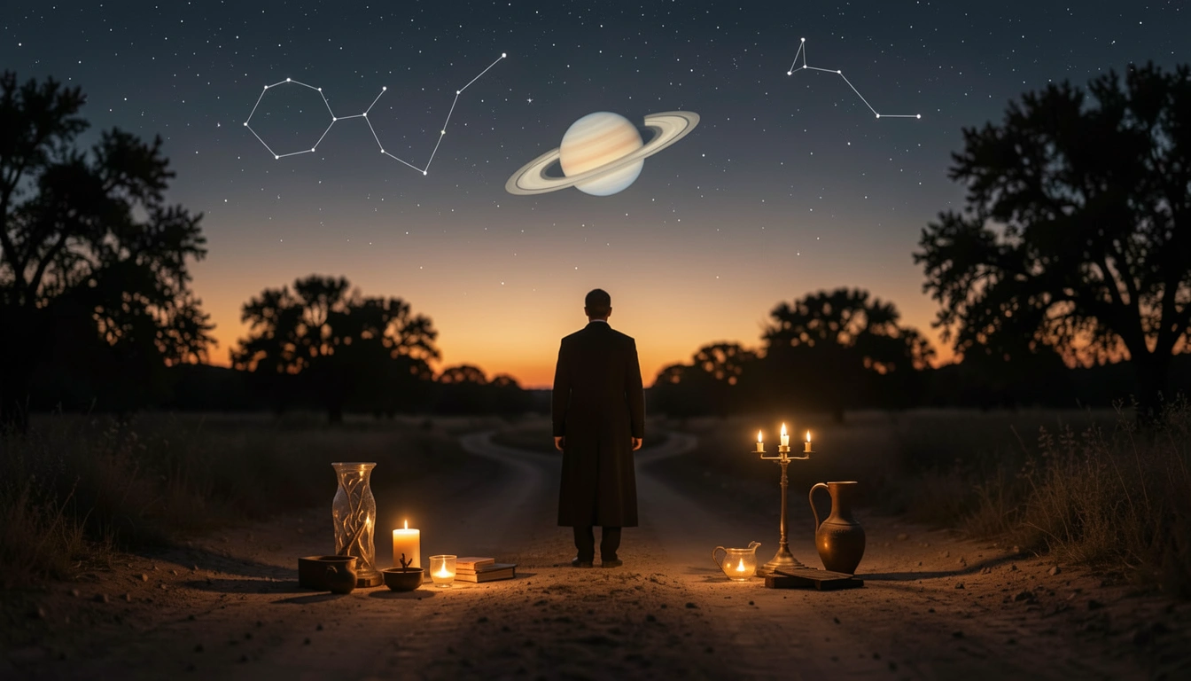 Lone figure at a crossroads under Saturn and twilight sky