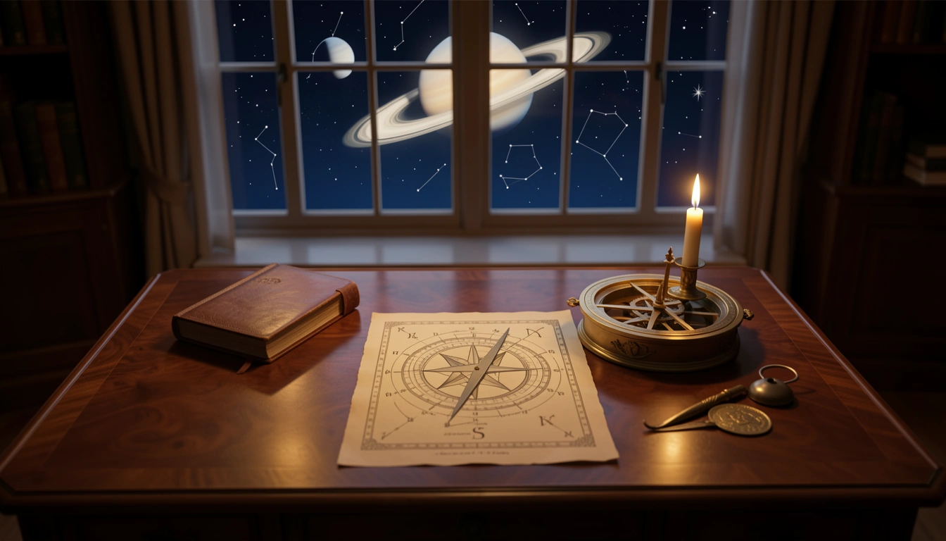 Brass astrolabe and Saturn glyph on parchment by candlelight in a dark study with night sky visible through window