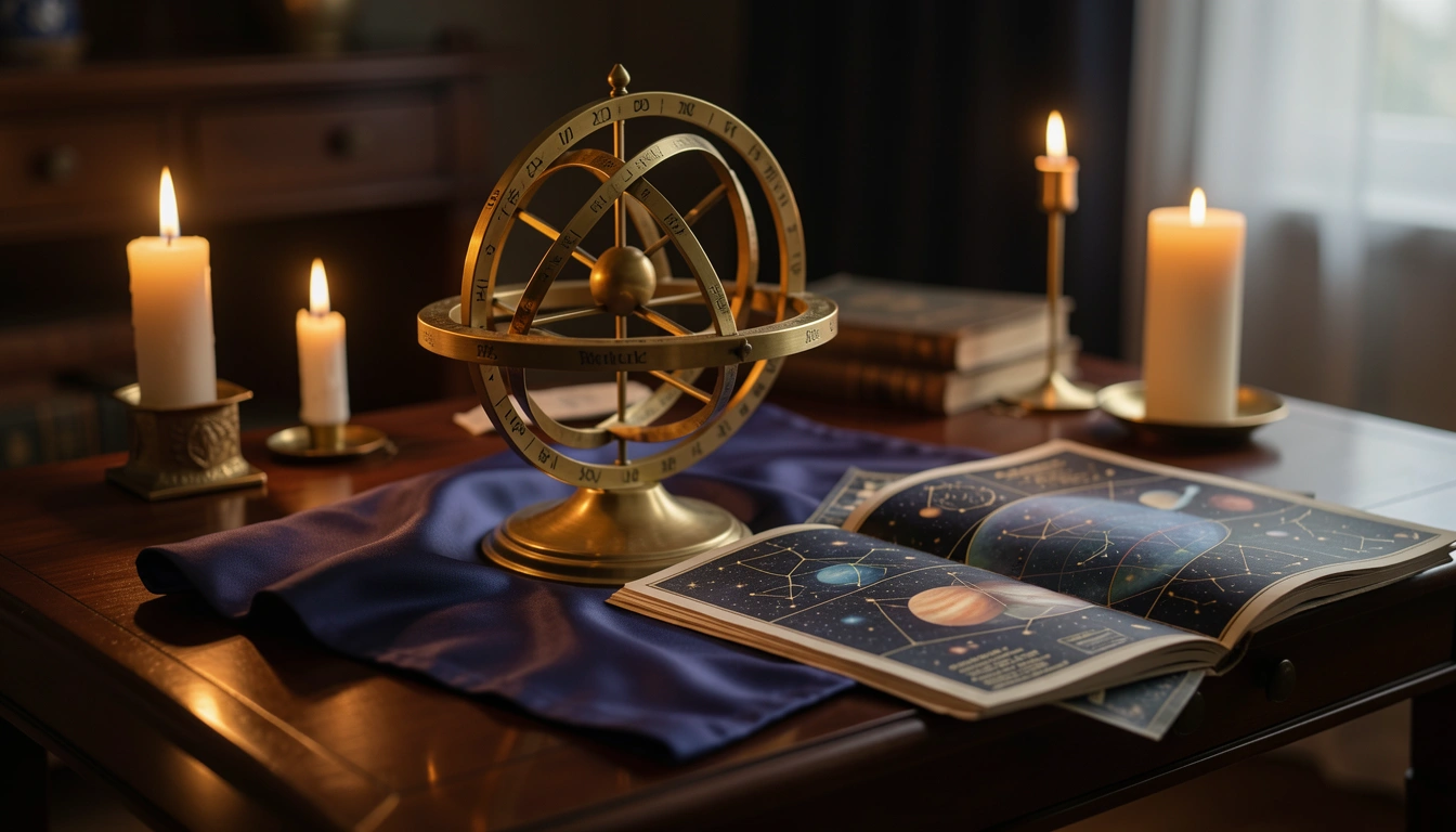 Brass orrery and astrological chart illuminated by candlelight on a dark table
