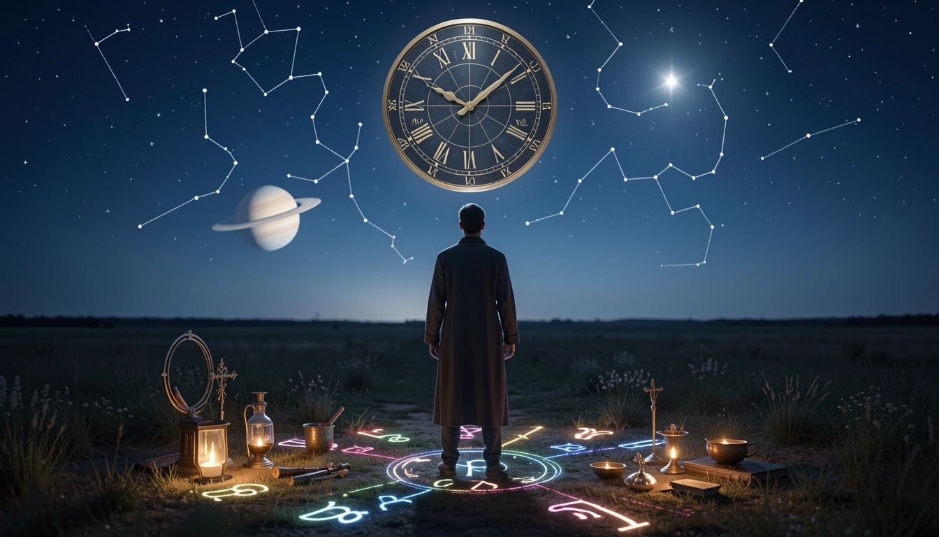 Person at crossroads with zodiac symbols and celestial clock