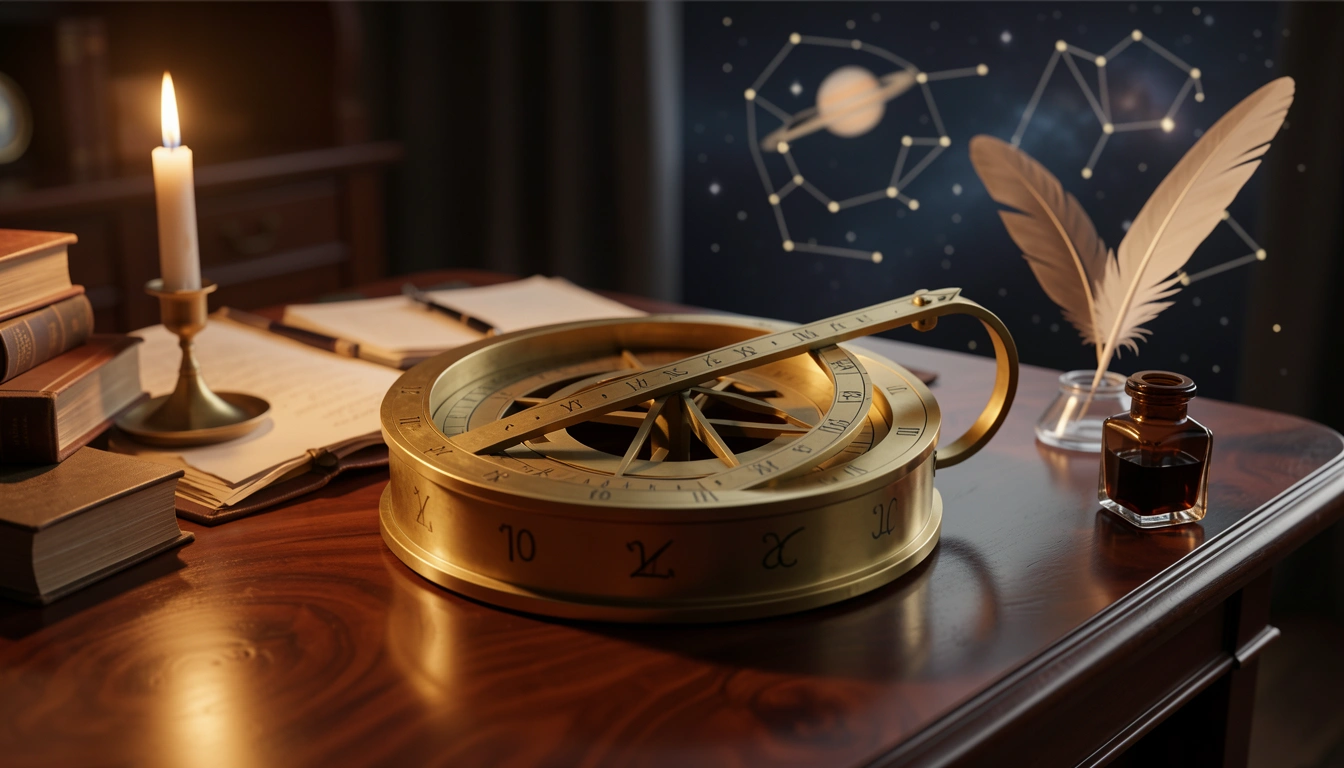 Brass astrolabe on desk with candlelight focusing on the 10th house cusp
