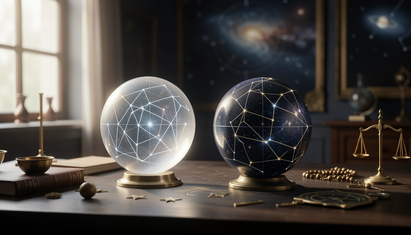 Two celestial spheres representing progressions and transits on a dark table