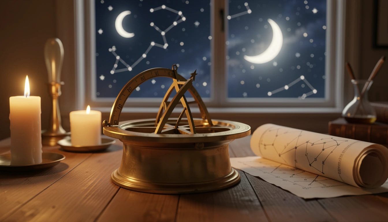 Vintage brass astrolabe and a parchment secondary progressions chart on a wooden table by candlelight, night sky in background