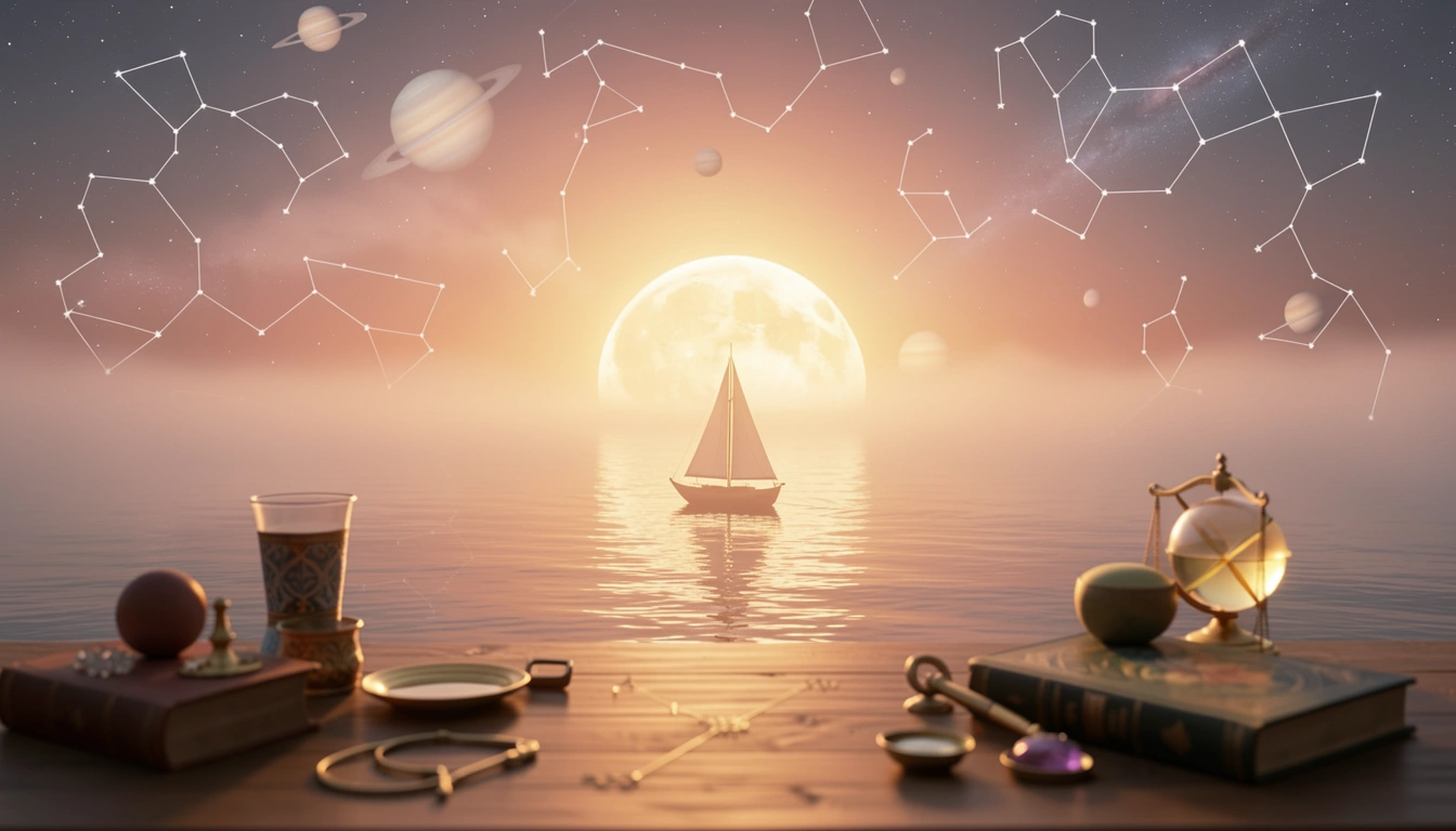 A golden sun rising over the ocean with mist and a sailboat, symbolizing life chapters and identity shifts.