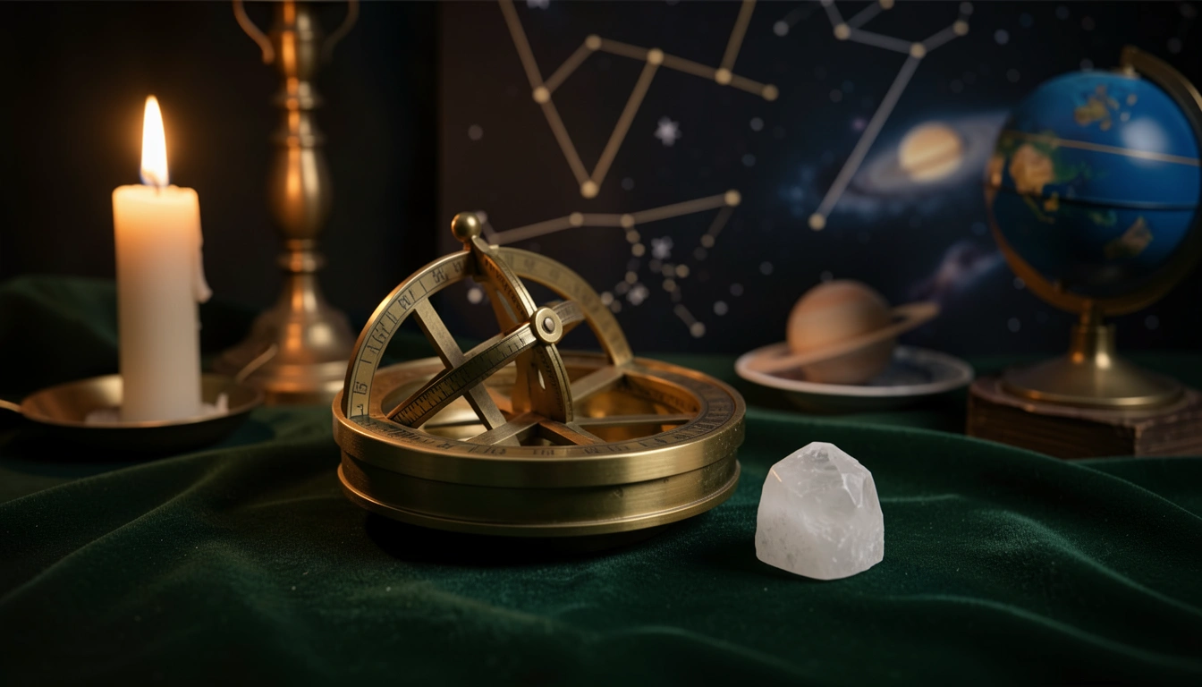 Brass astrolabe and white moonstone on velvet under candlelight