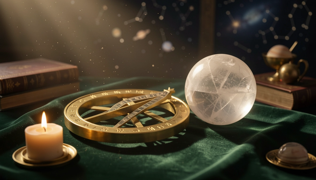 Brass astrolabe and white crystal sphere on velvet under candlelight