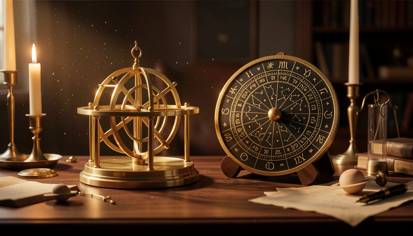 Brass orrery and engraved zodiac wheel lit by warm candlelight on a dark wooden desk