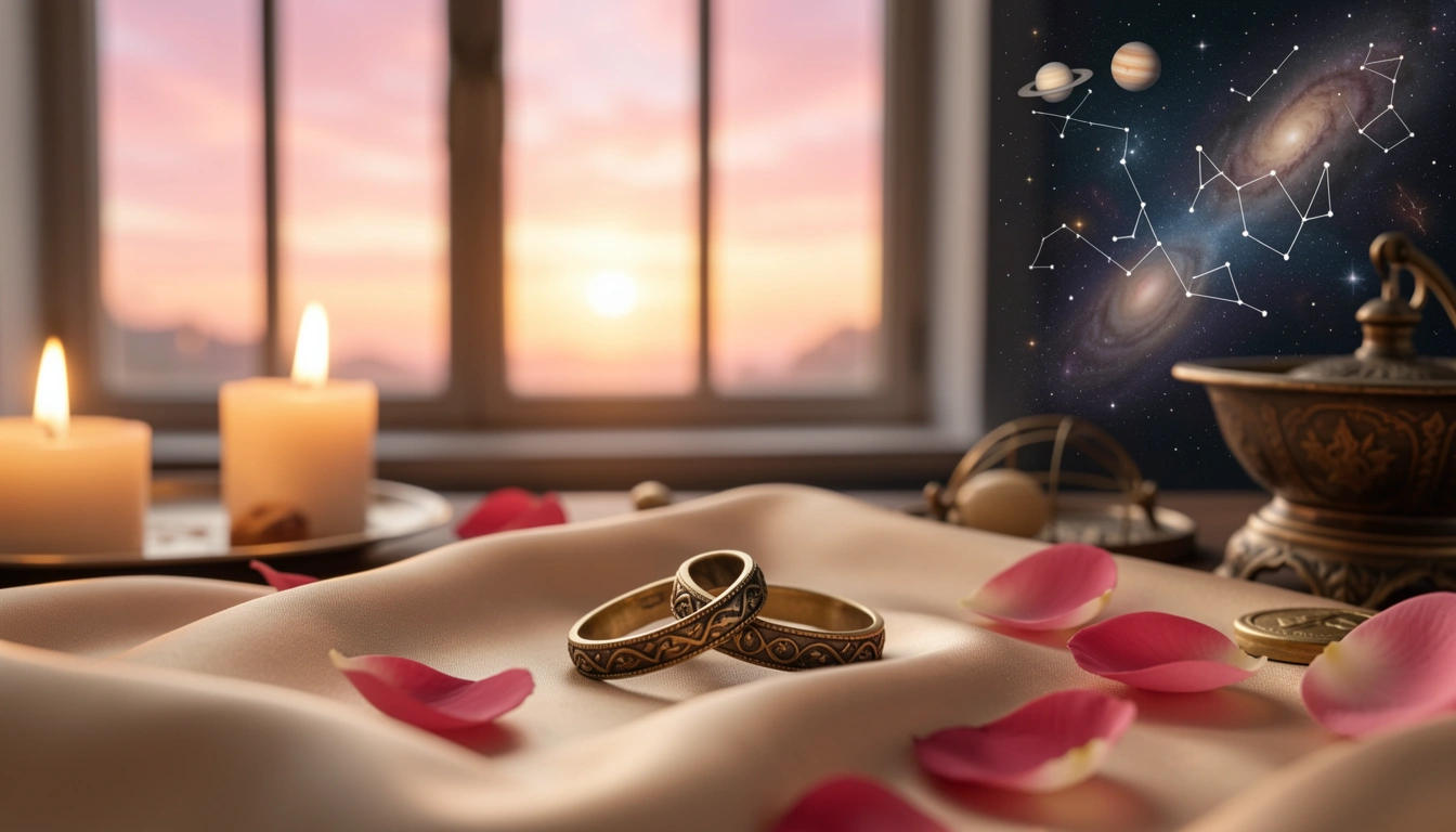 Two intertwined brass rings on silk cloth with rose petals and sunset light