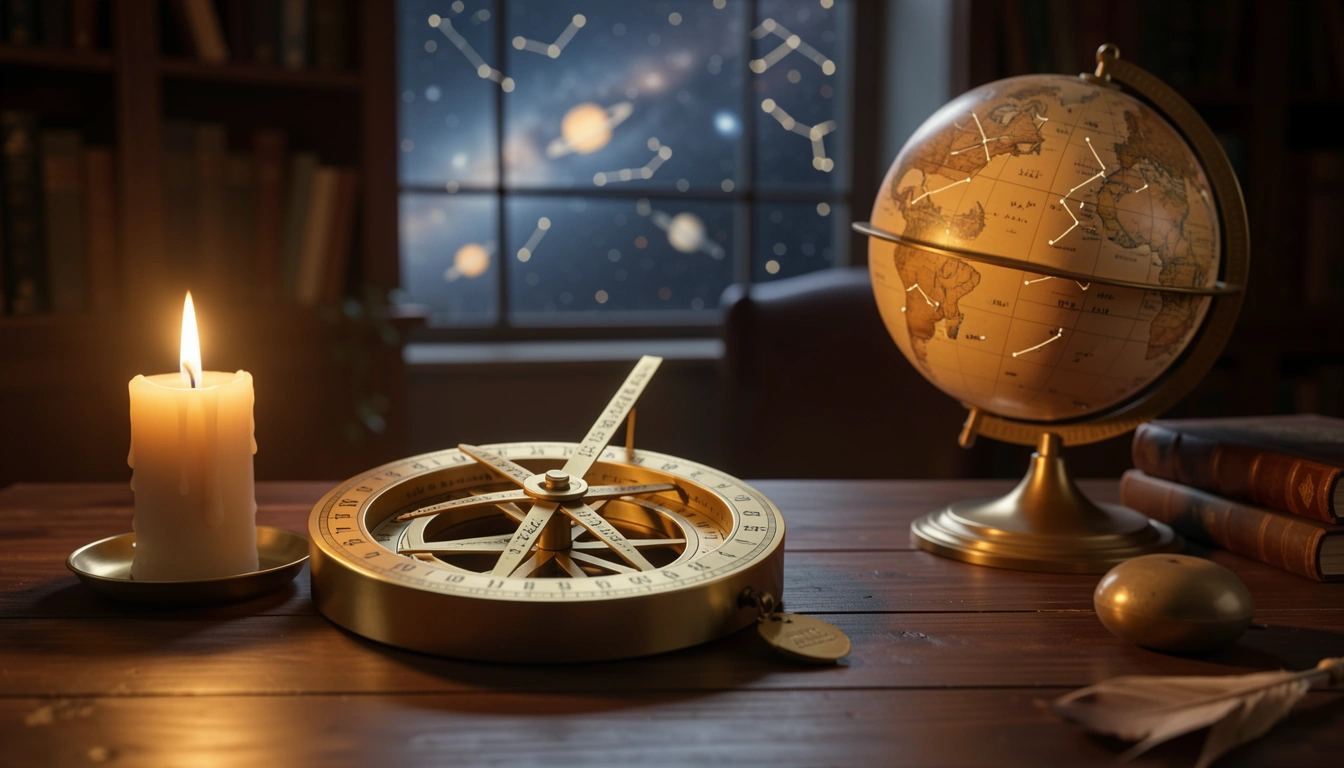 Brass astrolabe and candle on a dark wooden table, celestial globe in background