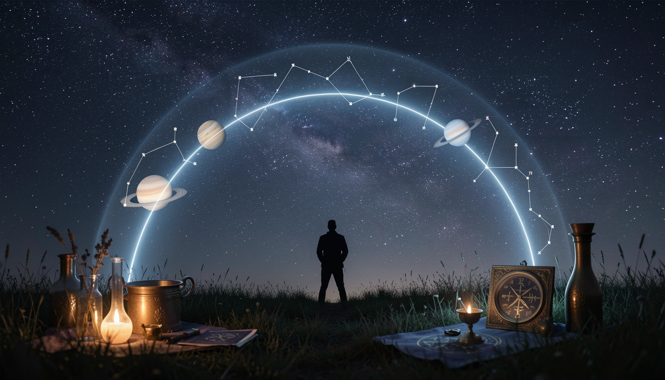 Night sky with glowing arc connecting planets, silhouette of a person on a hill