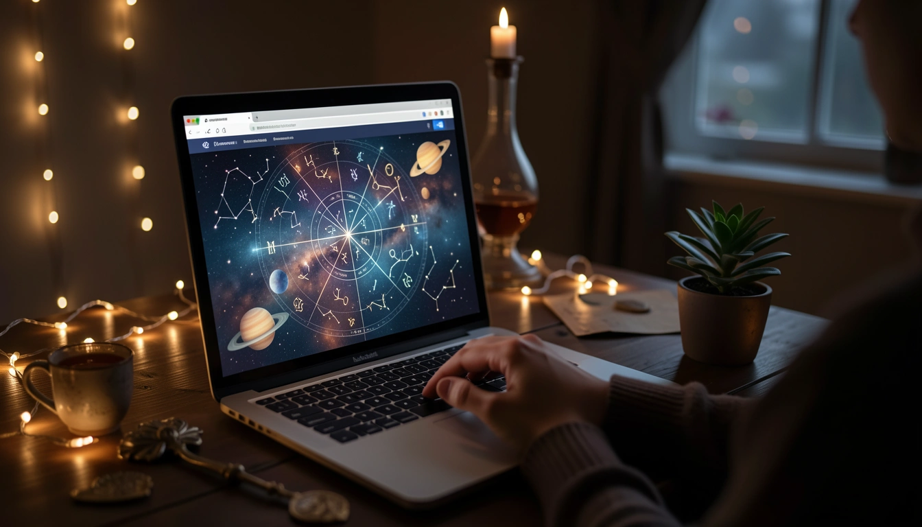 Person at laptop entering birth data for Solar Arc chart, with astrological chart glowing on screen.