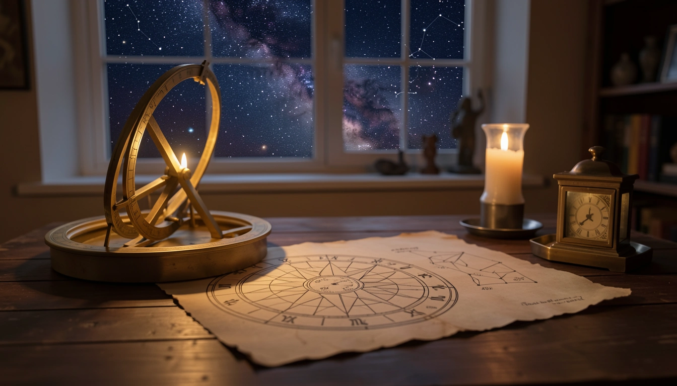 Brass astrolabe and parchment birth chart illuminated by candlelight beneath a starry night sky