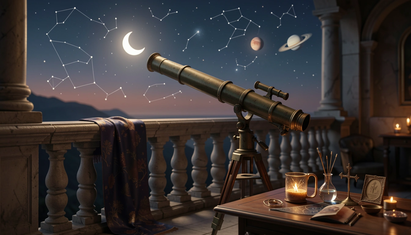 Vintage telescope pointed at a crescent moon and planet in twilight