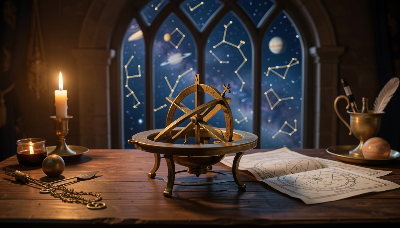 Antique brass astrolabe on a wooden table with candlelight and starry night sky through a window