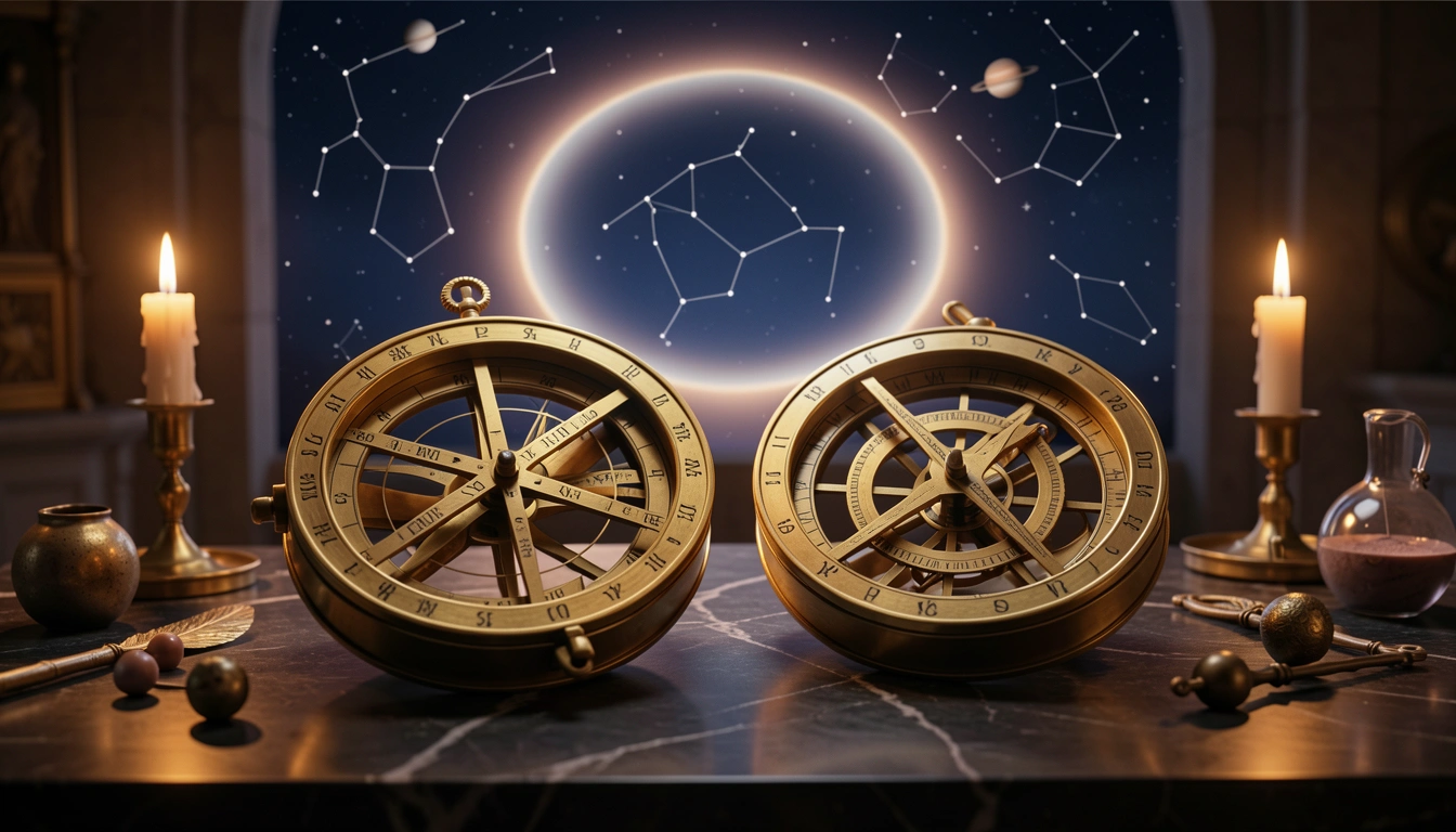 Brass astrolabes on a candlelit stone table beneath a night sky with a solar halo