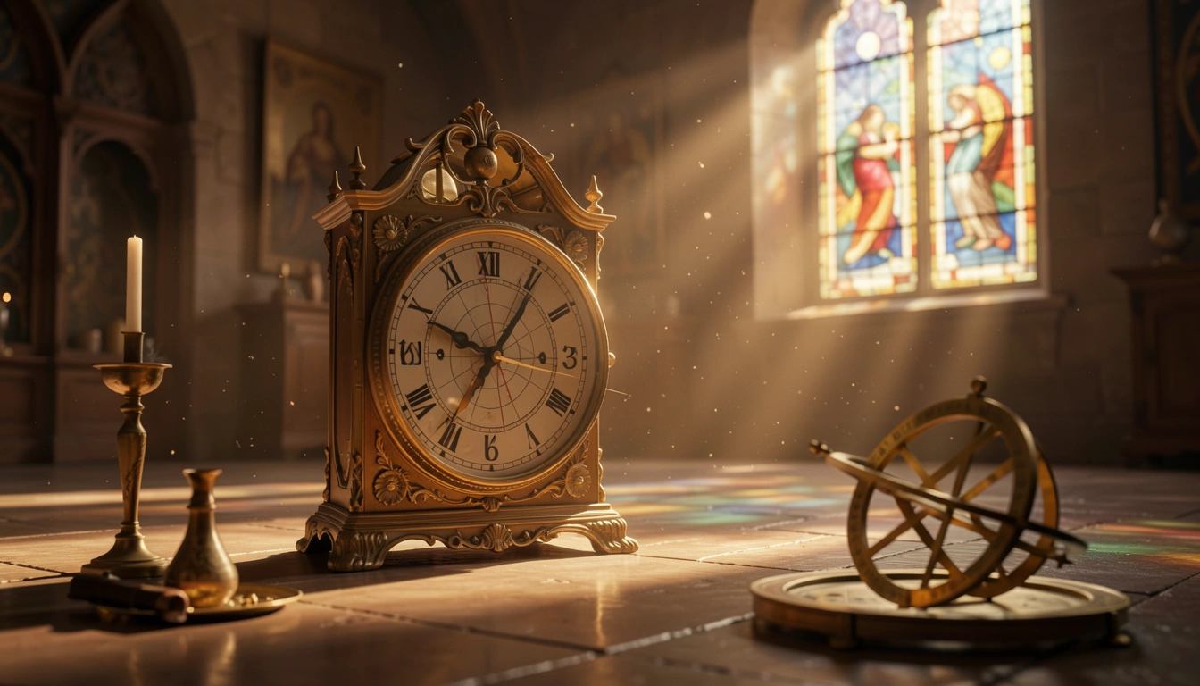 Antique clock with planetary symbols and sun rays through stained glass