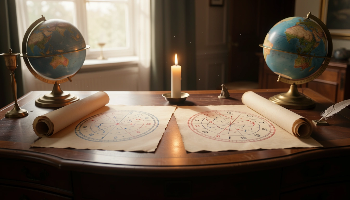 Two parchment astrology charts on a mahogany desk with candlelight and celestial globe