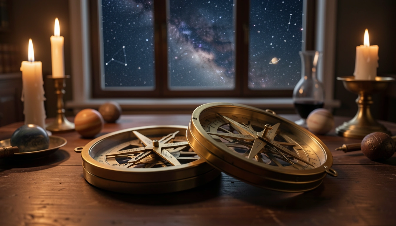 Two overlapping brass astrolabes on a wooden table under candlelight with a starry night sky in the background.
