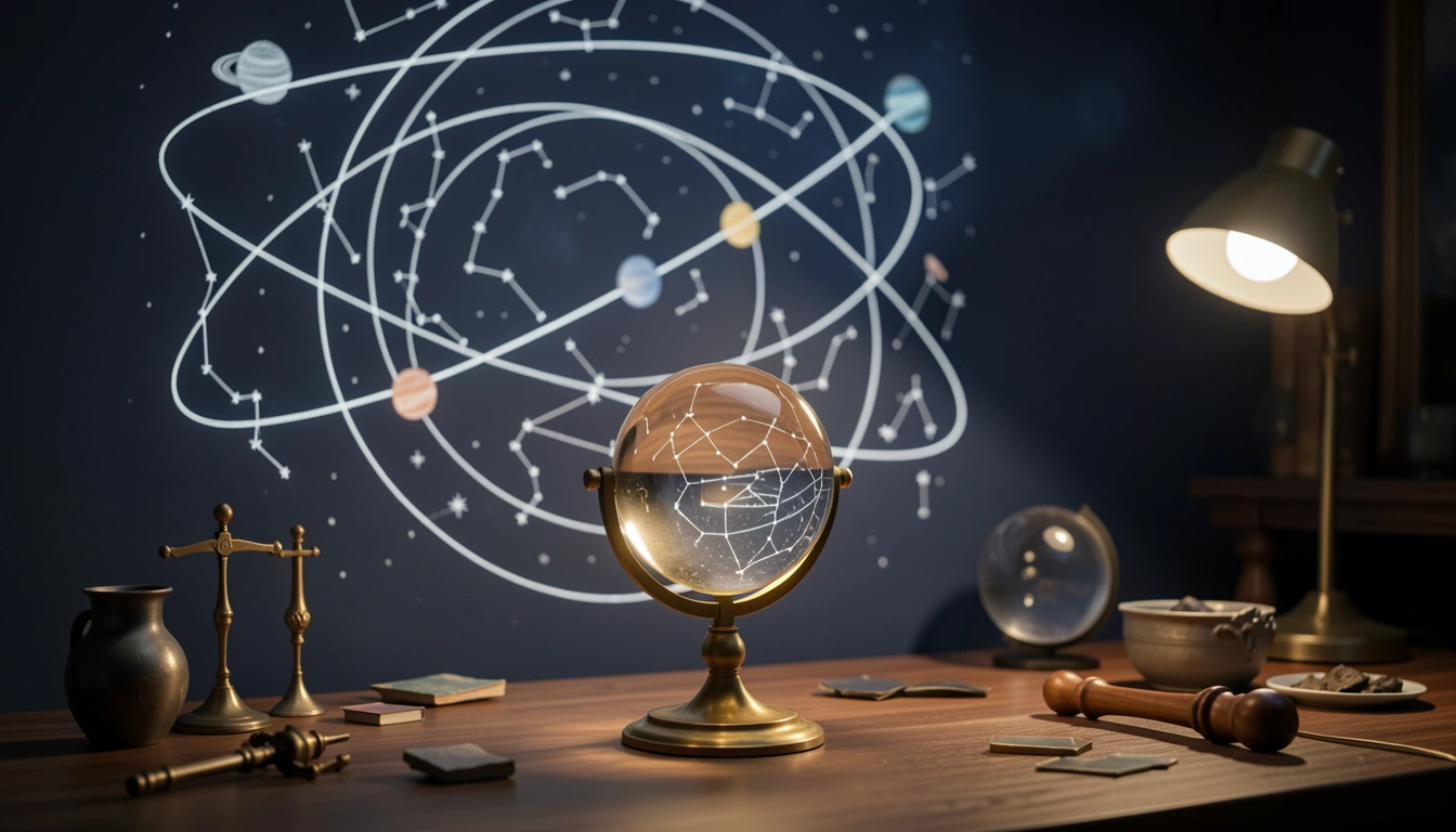A glowing celestial diagram on a dark wall with a crystal ball on a brass stand in the foreground, lit by a single lamp.