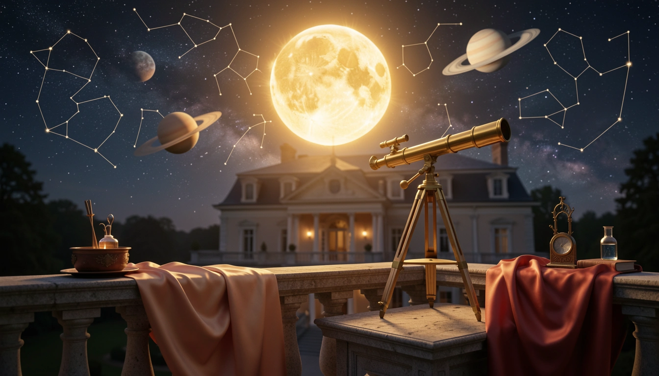 Solar disc over mansion with brass telescope and silk fabric