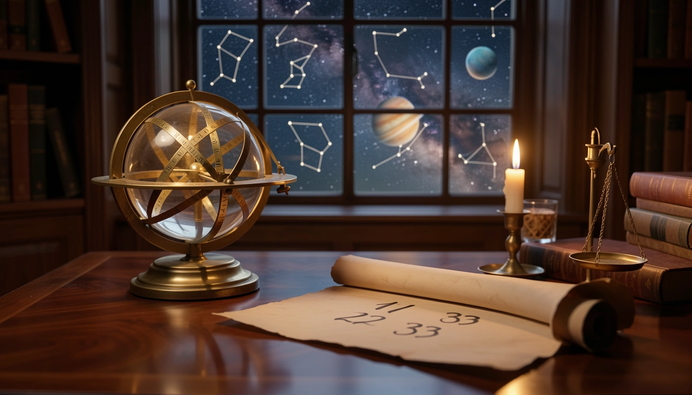 Brass astrolabe and candlelit parchment with master numbers 11, 22, 33 in a mystical study