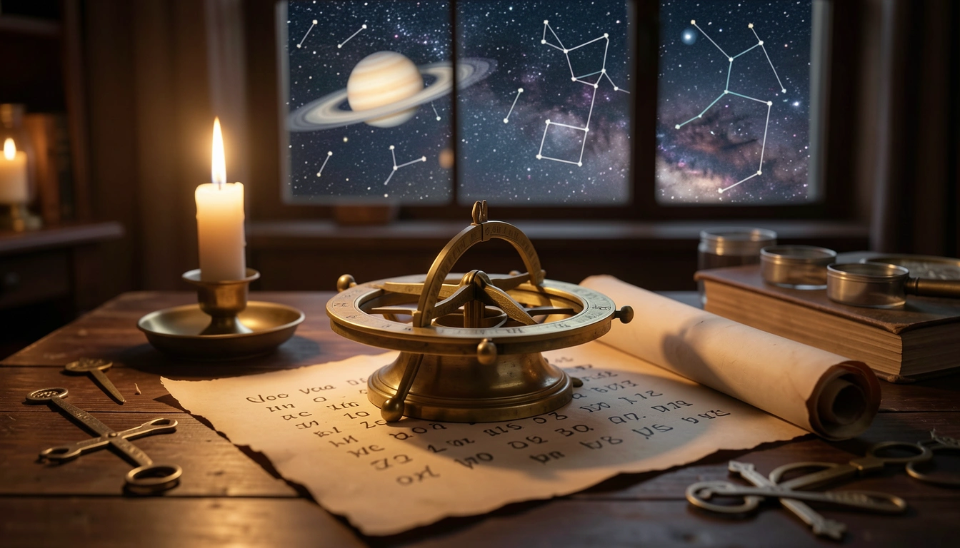 Brass astrolabe and parchment with vowel numerology on a candlelit table under a starry sky