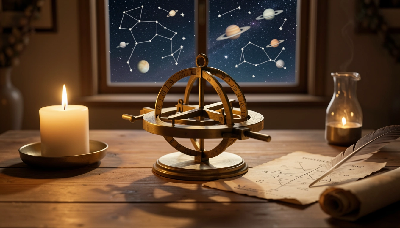 Brass astrolabe and birth chart on a candlelit table under a starry night sky
