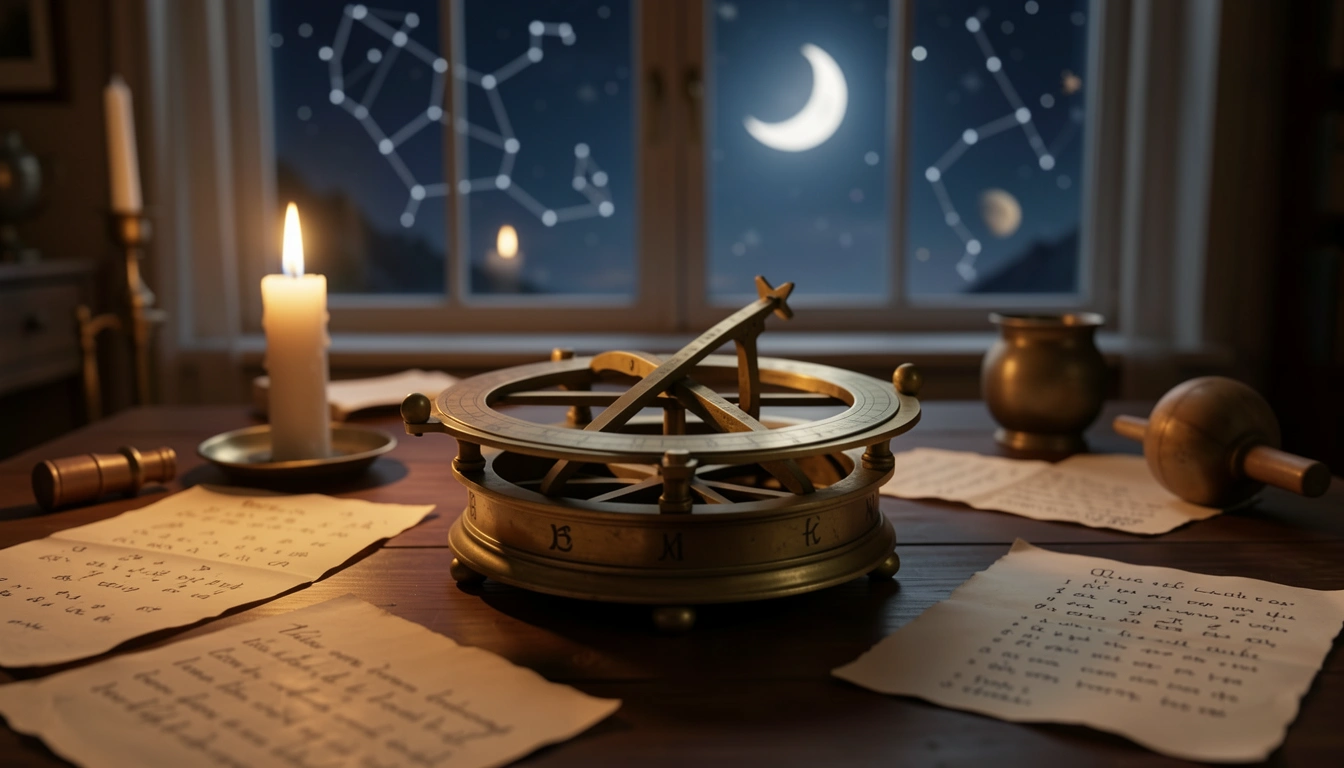 Brass astrolabe and candlelit parchment with vowel notations under a night sky