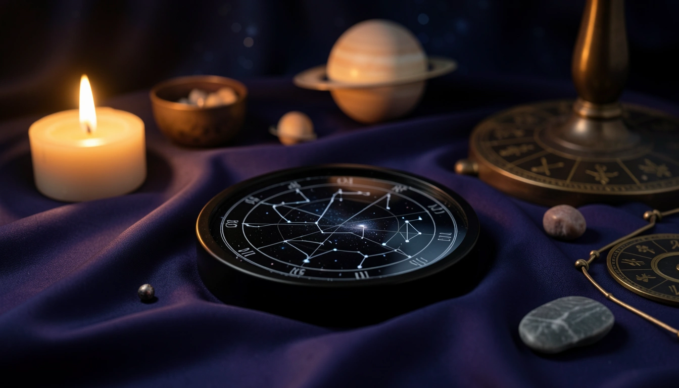 Obsidian disc on indigo silk under candlelight reflecting a starfield
