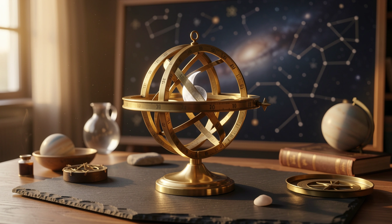 Brass armillary sphere with crescent moon reflection in warm side-light