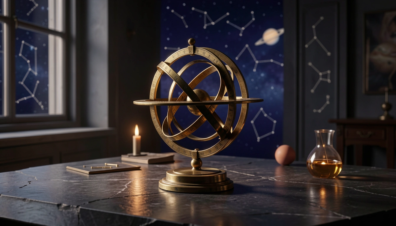 Brass armillary sphere on dark stone under dramatic side-light