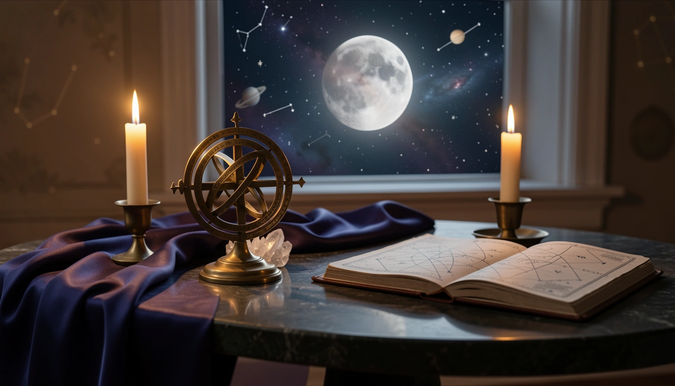 Brass astrolabe, quartz crystals and an open star chart on a candlelit stone table beneath a crescent moon