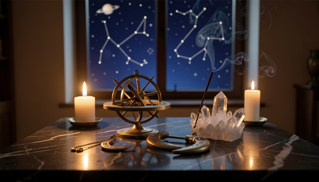 Brass astrolabe and crystals on a candlelit stone table beneath a night sky