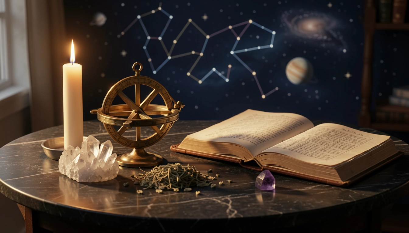 Brass astrolabe and crystals on a candlelit stone table beside an open astrological manuscript