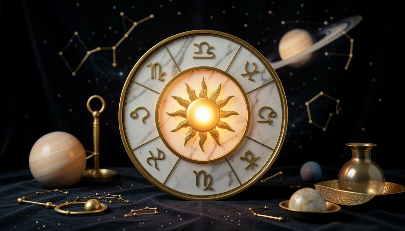 Zodiac wheel with sun symbol in brass and marble