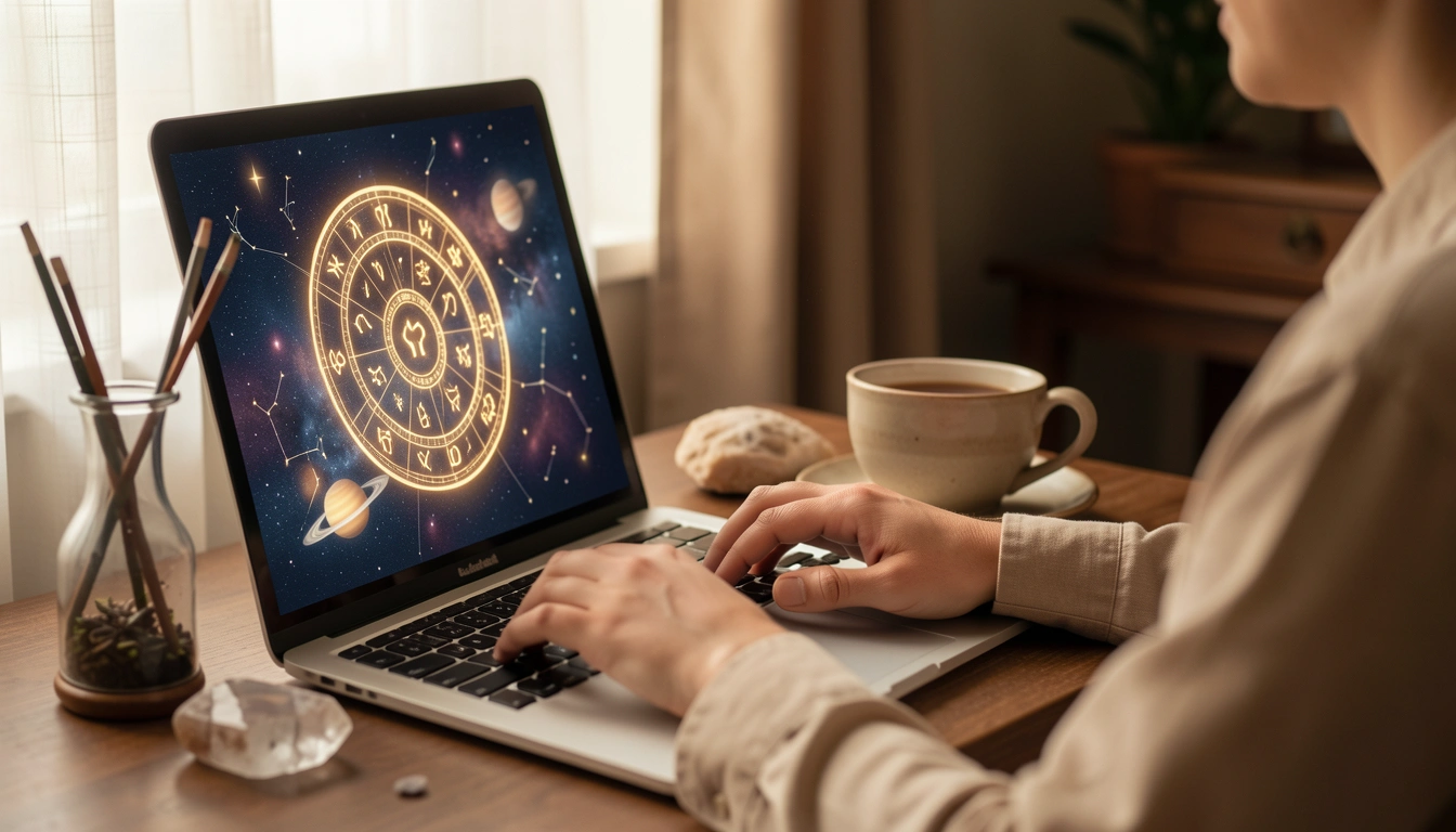 Person using a laptop with a zodiac wheel on the screen, coffee and crystal nearby