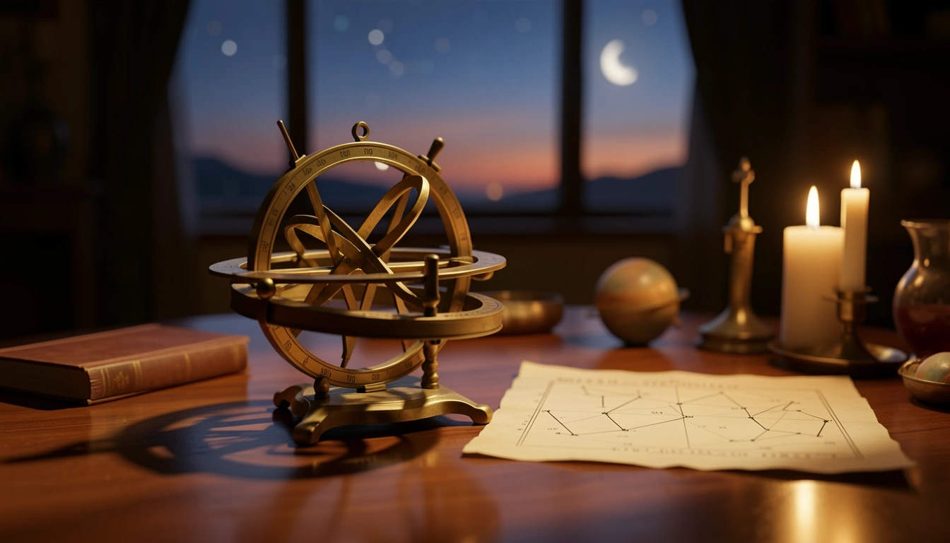 Close-up of a brass astrolabe and candle on a wooden table with star charts, twilight sky visible through window.