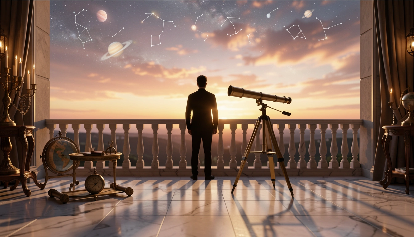 Silhouette of a person on a balcony at dusk with a brass telescope, golden sunset sky.