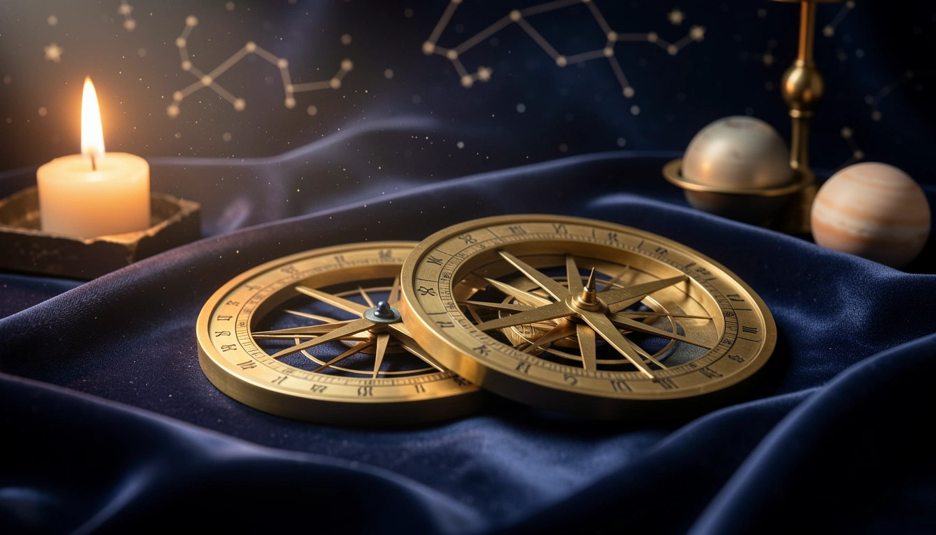 Two overlapping brass astrolabes on indigo silk under candlelight