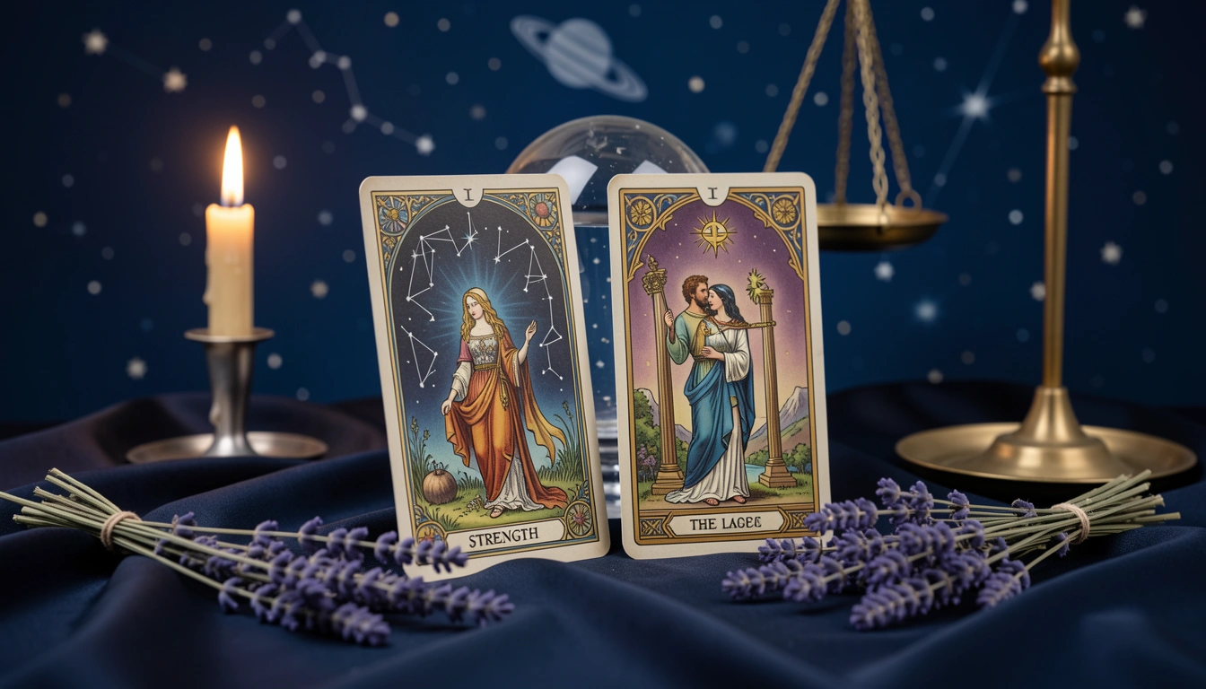 Pair of tarot birth cards Strength and The Lovers with crystal ball and candle