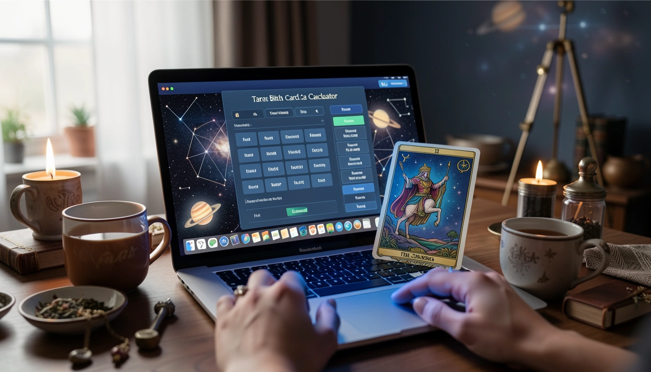 Laptop displaying a tarot birth card calculator with a tarot card beside it in a cozy evening setup